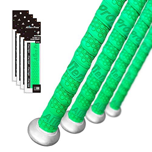 Alien Pros Bat Grip Tape for Baseball (4 Grips) – 1.1 mm Precut and Pro Feel Bat Tape – Replacement for Old baseball bat grip – Wrap Your Bat for an Epic Home Run (4 Grips, Green)