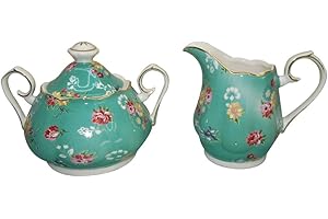 GRACIE CHINA BY COASTLINE IMPORTS Gracie China Shabby Rose Porcelain 2-Piece Sugar and Creamer Set, Shabby Rose Teal