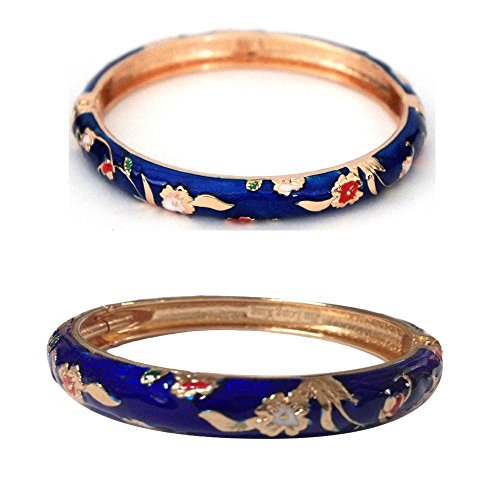 UJOY Bracelets Colorful Enameled Cloisonne Jewelry Gold Cuff Hinged Handcrafted Bangle Sets Packed in Gift Box 55A111-B31 Floral Blue