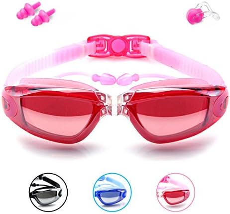Swimming Goggles for Women Girls, Professional Big Frame Adult Swim Goggles With Nose Cover Ear Plugs, UV 400 Prescription Anti Fog With HD Shortsighted Glasses (Pink)