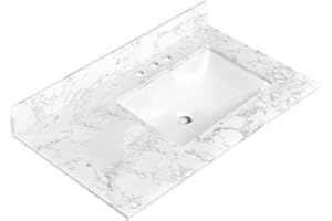 LOCALAND 36x22 Inch Bathroom Vanity Tops, White Engineered Stone Vanity Top with Sink for Bathrooms, with Right Offset Sink, Vanity Countertop 8 Inch Faucet 3 Hole Spread with Backsplash(Not included Faucet)