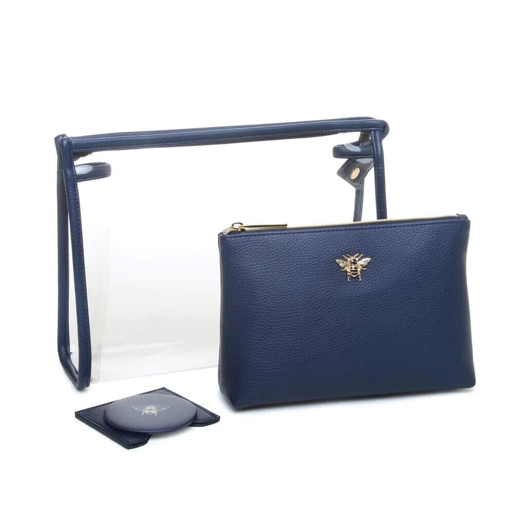 Luxury 3 Piece Beauty Bag Makeup Gift Set Travel Case Case with Round Compact Mirror in a Matching Vegan Leather Pouch. (Navy)