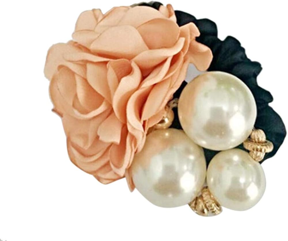 Jonerytime Women Satin Ribbon Rose Flower Pearls Hairband Ponytail Holder Hair Band