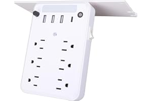 Yunseity Wall Outlet Extender with Shelf, 6 AC Outlets 4 USB Ports Protector with Ambient Light Sensor, for Home Office Bedro
