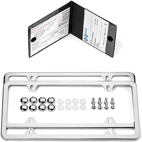 Stainless-Steel License Plate Frames with Extra Bonus Insurance and Registration Card Holder by TOPVIVO (4 Hole - Chrome)