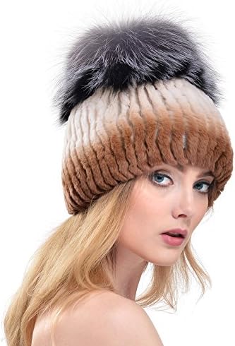 Vemolla Women'S Winter Real Thicken F Rex Rabbit Fur Beanies Hats With Fox Pompom White With Coffee