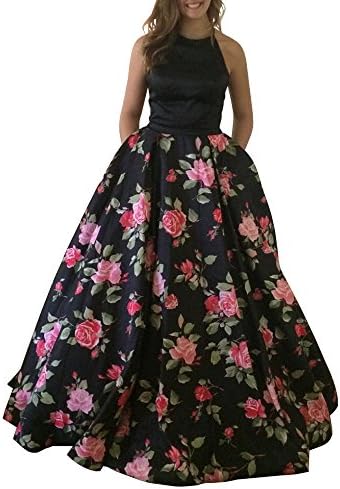 Yangprom Long Halter Floral Print Open Back Satin Prom Evening Dress with Pocket