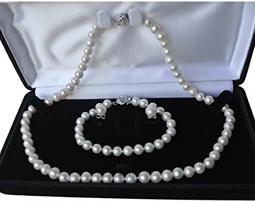Long 20" 7.5" set Genuine 8-9mm ROUND White Strand Pearl Necklace Bracelet Stud Earrings 3pc set Cultured Freshwater