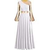 IBAKOM Liturgical Praise Dance Worship Long Dress for Women Metallic Gold Color Block Loose Fit Full Length Church Dancewear