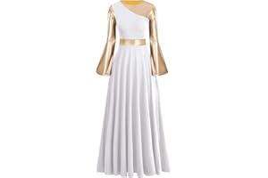 IBAKOM Liturgical Praise Dance Worship Long Dress for Women Metallic Gold Color Block Loose Fit Full Length Church Dancewear