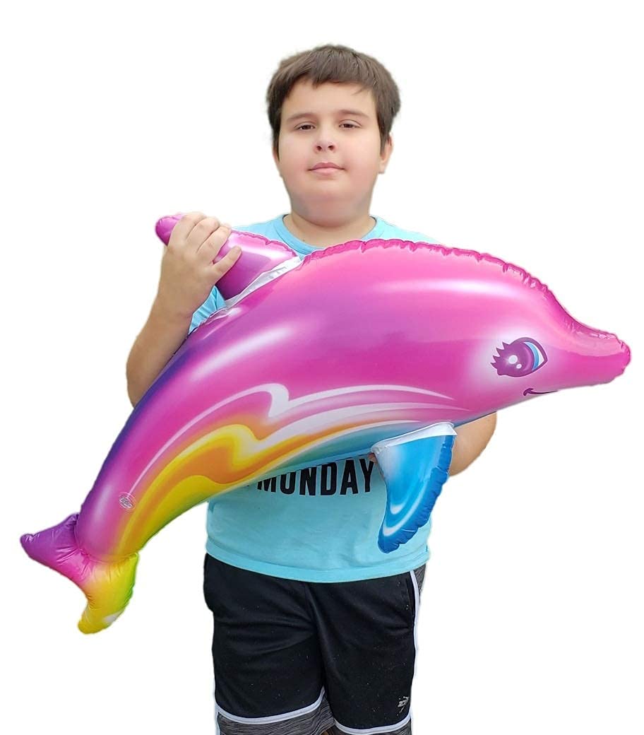 Photo 1 of Zugar Land Large 36" Pink Rainbow Colorful Dolphin Inflatable Pool Toy (Pack) Inflate Beach Poolside Aquatic Themed Decor Birthday Party Decoration (1)