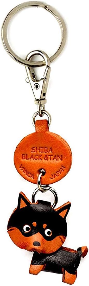 Shiba Dog Black&Tan Leather Dog Small Keychain VANCA CRAFT-Collectible Keyring Charm Pendant Made in Japan