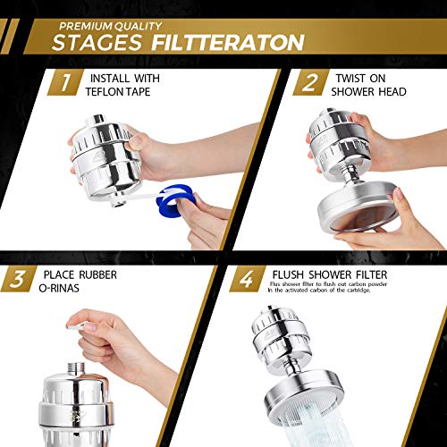 Luxury Shower Head Set with High Output 15 Stage Hard Water Softener - Universal Shower System Removes Chlorine and Harmful Substances - Solution for Dry Skin & Hair Loss - 2 Additional Cartridges