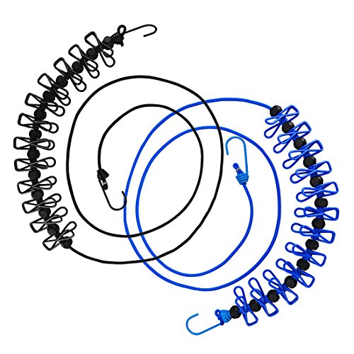 iSuperb 2Pack Travel Elastic Adjustable Clothesline Retractable Windproof Clothesline with 12pcs Clothespins and 13 Pieces Black Stoppers