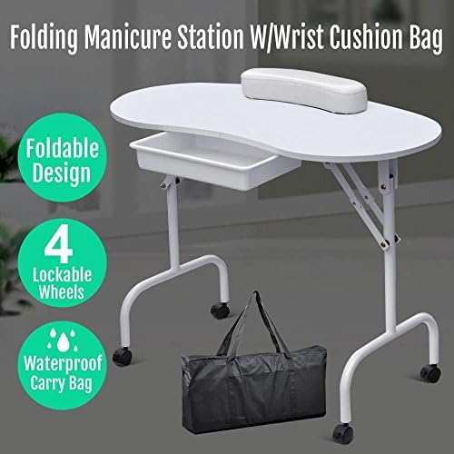 Monumart Portable Manicure Table Nail Technician Art Desk Workstation With Drawer,Carry Bag and Wrist Rest White