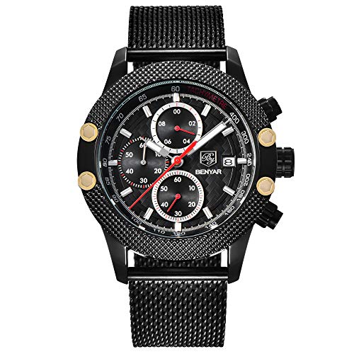BENYAR Men Watch 5109M Quartz Chronograph Waterproof Watches Business Casual Sport Mesh Band Watch(Black&White)
