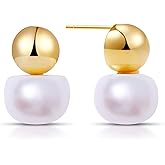 Fiusem Pearl Earrings for Women 14K Gold Plated, 925 Sterling Silver Post Hypoallergenic Big Pearl Stud Ear Jacket Wedding Earring Jewelry