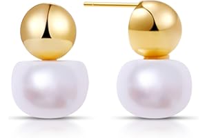 Fiusem Pearl Earrings for Women 14K Gold Plated, 925 Sterling Silver Post Hypoallergenic Big Pearl Stud Ear Jacket Wedding Earring Jewelry
