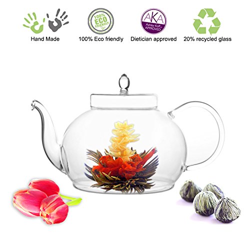 Blooming Tea Glass Teapot Gourmet Gift Set Polo 45oz/1330ml with Fab Flowering Green Tea 4 packs