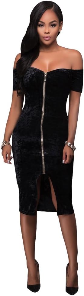 TOOTO Women's Velvet Soft Off Shoulder Stretchy Bodycon Party Club Mini Sexy Midi Dress
