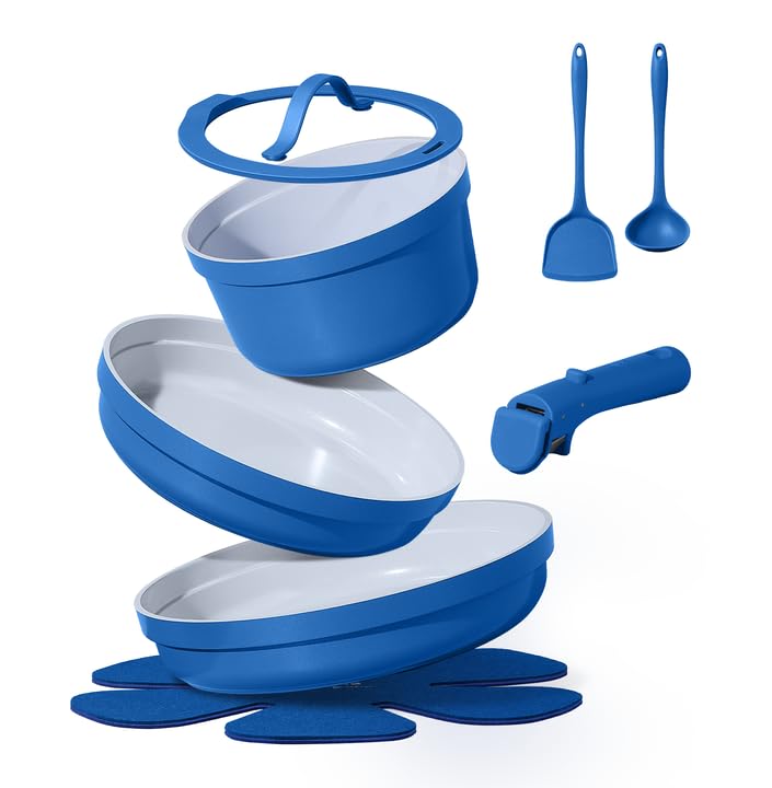 Photo 1 of CAROTE 9pcs Pots and Pans Set,Ceramic Cookware Sets Non Stick with Detachable Handle, Induction Kitchen Pots and Pans,RV Cooking Set, Oven/Dishwasher/Fridge Safe, Malta Blue