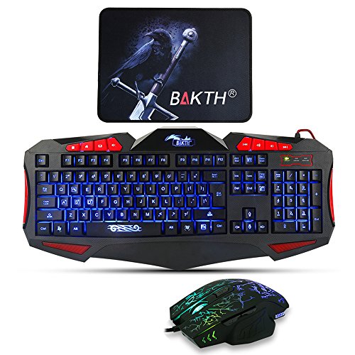 Gaming Keyboard and Mouse Sets – BAKTH 3 Cool Colors LED Backlit Wired USB Keyboard and Mouse Combo for PC Computer Games Including Durable Mouse Mat (Black)