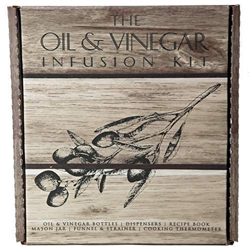 The Olive Oil & Vinegar Infusion Kit | Recipe & Instruction Book w/over 40 Recipes | Set of 500mL Dark Green Square Bottles w/Dispensers | 64oz Ball Mason Jar | Funnel Strainer | Kitchen Thermometer
