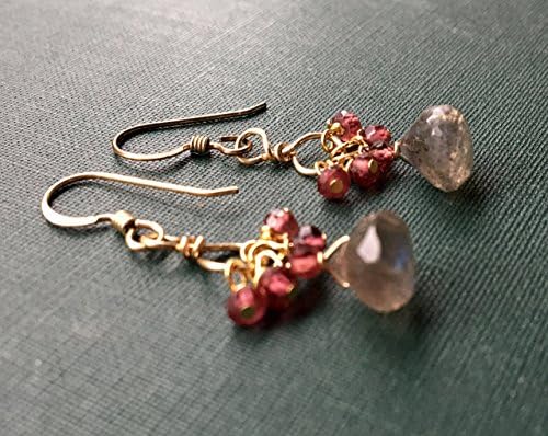 Handmade Labradorite &amp; Pink Tourmaline Gemstones Cluster Earrings made with Gold-Filled Ear Wires