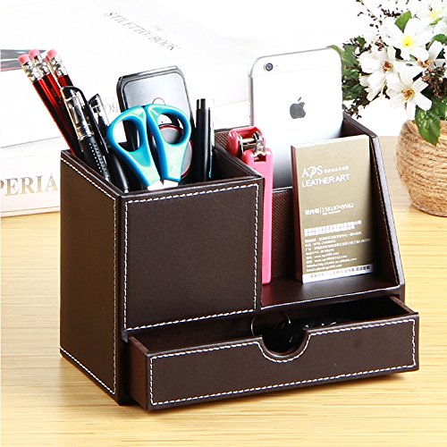 Leather Multi-function Desk Stationery Organizer Storage Box Pen/Pencil Remote Control Business Cards Stand Holder organizer Office Table Accessories (Brown-large)