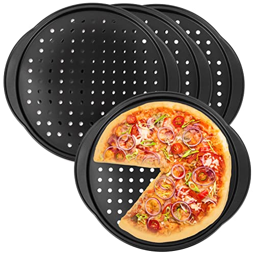 BIUDECO 4-Piece Perforated Pizza Pans Set 35.5 * 32 * 1.3cm Nonstick Carbon Steel Bakeware Oven-Safe Round Pizza Trays for Home Cooking and Restaurant Use