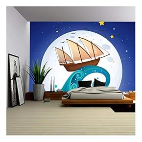 Illustration of a Wooden Boat Above The High Wave - Removable Wall Mural | Self-Adhesive Large Wallpaper - 66x96 inches