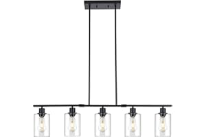3WWWUEE 39.4" Kitchen Island Lighting, 5 Lights Clear Glass Pendant Light Fixtue, Black Linear Metal Chandelier for Dining&Living Room Foyer,Height Adjustable,E26 Socket