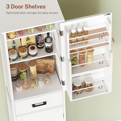 TEENFON 67" H Pantry Storage Cabinet, Bathroom Cabinet with 3 Door Shelves & 1 Drawer, Tall Kitchen Pantry Cabinet for Living Room, Bathroom, Kitchen, White