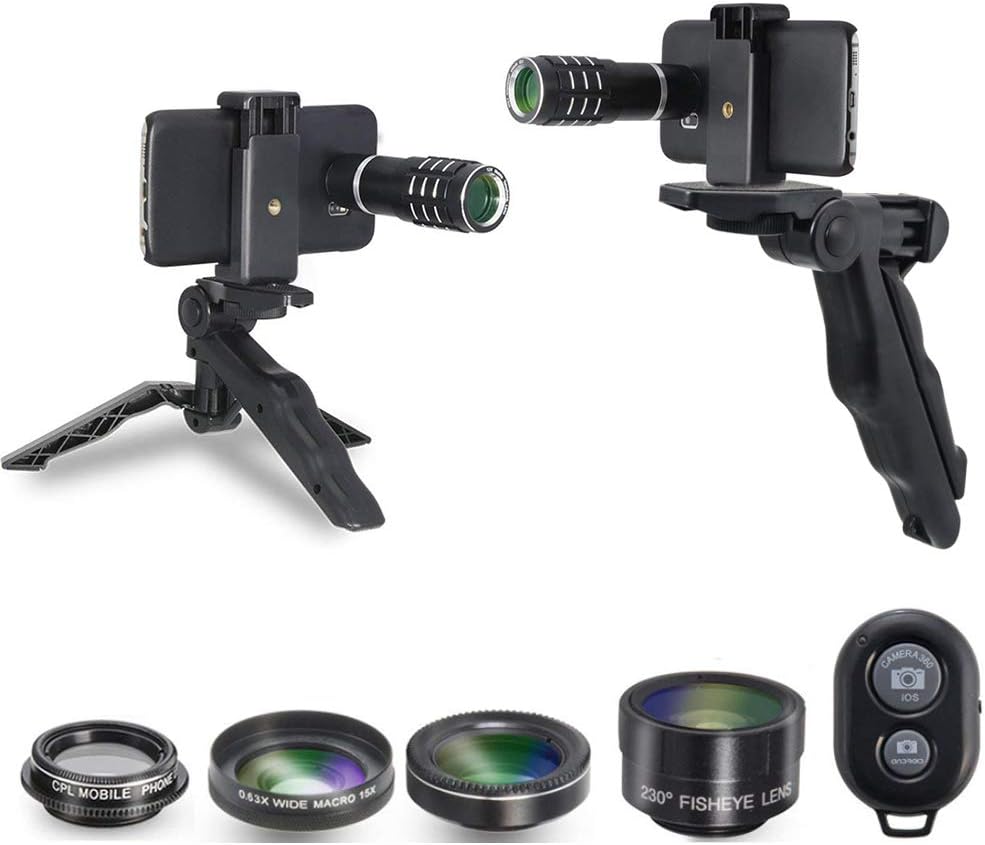 Camera Shutter Remote and Lens Kit for Samsung Galaxy S6 / S6 Edge / S7 / S7 Edge - 12x Telephoto/CPL/Fisheye / 2in1 Macro + Wide Angle Lens/Tripod/Tripod Adapter/Hard Case/Universal Clip