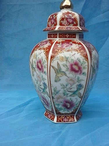 HUMMING BIRD &amp; FLOWER - ORIENTAL THEME - HEXAGON TEMPLE JAR 25CM TALL RED - BNIB - RETIRED RARE