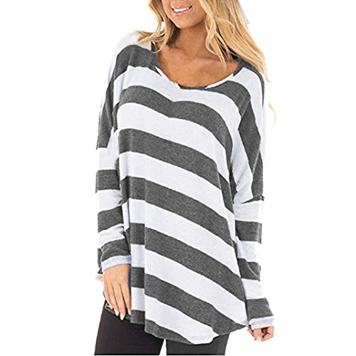 Women's Long Sleeve Striped Shirt Pullover Sweatshirt Crop Top Tee Blouse (US4/S, Gray)