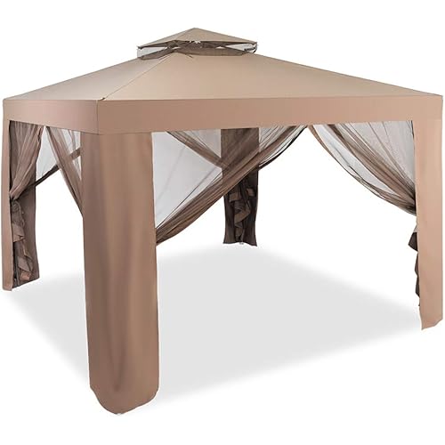 C-CHAIN Outdoor 10’ x 10’ Gazebo Tent with Mosquito Netting for Garden Lawn Patio House Yard Beach Home Patio Garden Structures Gazebos, Easy Setup (Khaki)