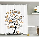 Ambesonne Cat Lover Decor Collection, Cat Family Tree With Birds Crowd Fluffy Nature Purebred Creative Humorous Funny Art, Polyester Fabric Bathroom Shower Curtain, 84 Inches Extra Long, Mustard Black