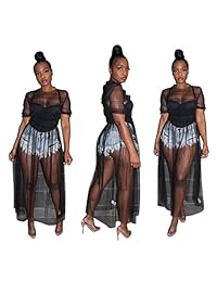 Sprifloral vestido de malla transparente, manga corta, cuello redondo, volantes, largo, para fiesta