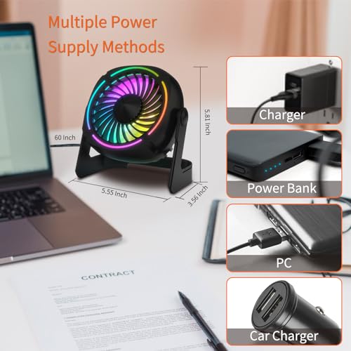 Small USB RGB Desk Fan Portable Table Fan with 3 Levels Air Flow,8 Color LED Lights, 360° Rotation,Quiet Mini Personal Fan for Home Office Desktop (UF-4B)