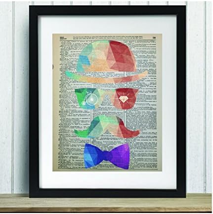Upcycled Vintage Dictionary Art Print - Man with Mustache, Glasses, Bowtie and Hat - 8x10 Unframed