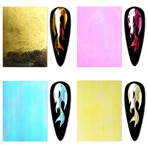 Modelones Flame Reflections Nail Stickers-16 PCS Fire Nail Decals for Gel Nail Polish Acrylic Powder Nail Art Holographic 3D Stickers with Tweezers Manicure Nail DIY Decoration