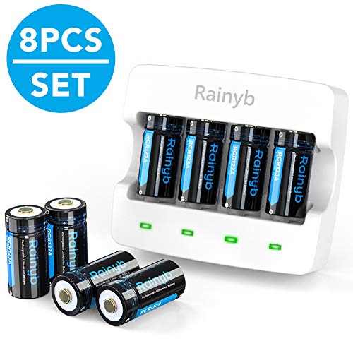RCR123A Batteries Rechargeable and RCR123A Charger, Rainyb 8Pcs 3.7V 700mAh Li-ion Battery with 4 Slot Batteries Charger for Arlo VMC3030/3230/3330/3430/3530 Security Cameras