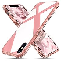 JIDUO iPhone X Case 5.8 inch, Cute Glitter Girly Bling Diamond Bumper Protective Case with Tempered Glass Back Cover [Anti Fingerprint] for Girls Women (Pink)