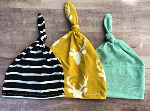 3 Pack Top knot baby hats- Gender neutral Baby Hats black, mustard, mint by Alltot