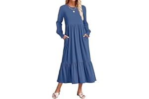 ZESICA Women's 2025 Spring Long Sleeve Dress Crewneck Casual Loose Pleated Tiered Swing Midi Dresses with Pockets