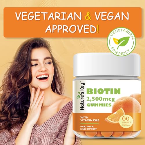NATURE’S KEY BIOTIN GUMMIES WITH VITAMIN C AND E, SUPPORT HAIR NAILS GROWTH & BEAUTIFUL SKIN FOR WOMEN MEN AND KIDS, VEGAN, ORANGE FLAVORS 60 COUNT