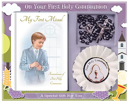 First Holy Communion Boys Hardback Missal, Prayer Card, Rosary and Rosette Presentation Set
