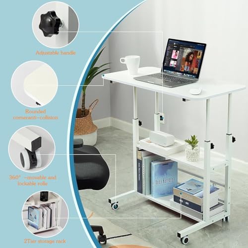 Beauenty Home Office Desk,Computer Desk,Height Adjustable Laptop Table,Portable Small Computer Desk with Rolling Wheel,Modern Side Table for Home Office,Study,Reading(White, 80 * 40 * 60-90cm)