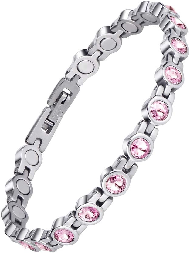 JEROOT Women’s Magnetic Bracelet, Pink Crystals, Stainless Steel, 3500 Gauss, 8.27 Inches, Tennis Chain, Lobster Claw Clasp